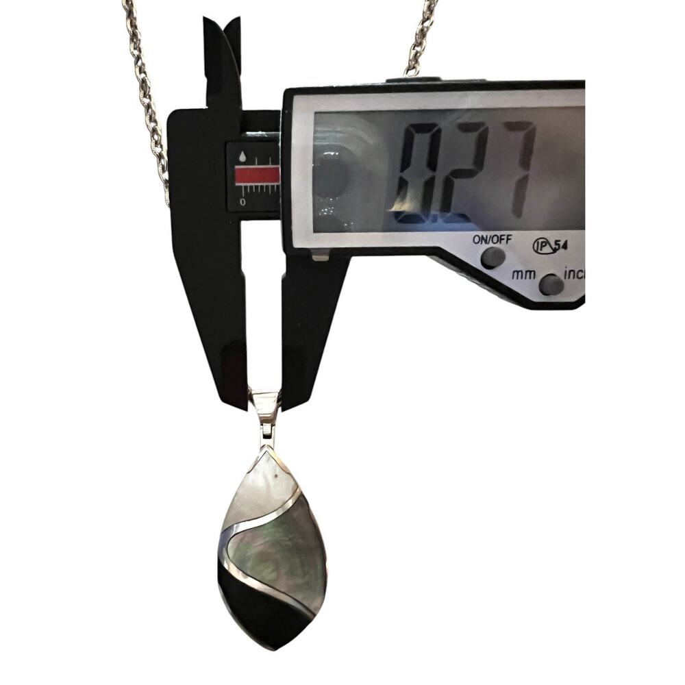 Sterling Silver 925 Necklace Onyx Mother Of Pearl Abalone Inlay Pendant Teardrop - Picture 8 of 11